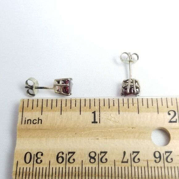 Vintage Red Rhinestone Heart Shape Stud Earrings, Silver Tone Prong Setting - Picture 4 of 6